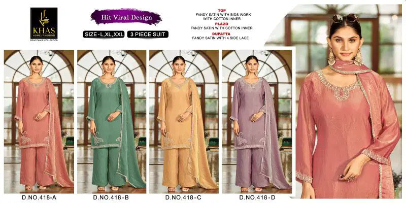 Khas Fashion Khas 418 A To D Satin Fandy Pakistani Suit Set