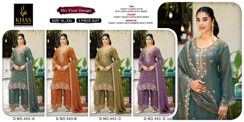Khas Fashion Khas 443 A To D Fandy Crush Satin Pakistani Suit Set