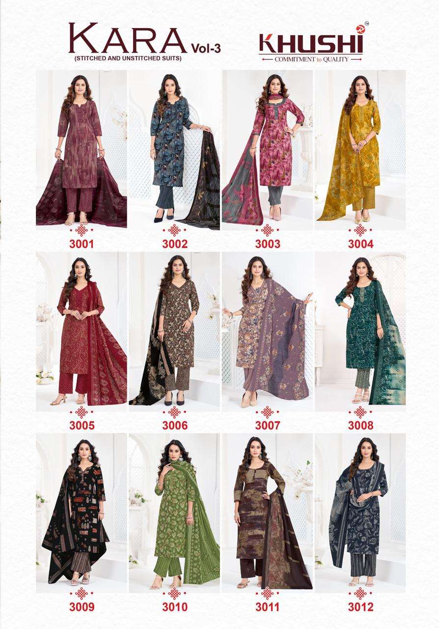 Khushi Fashion Kara Vol 3 Cotton Kurti Pant Dupatta Set