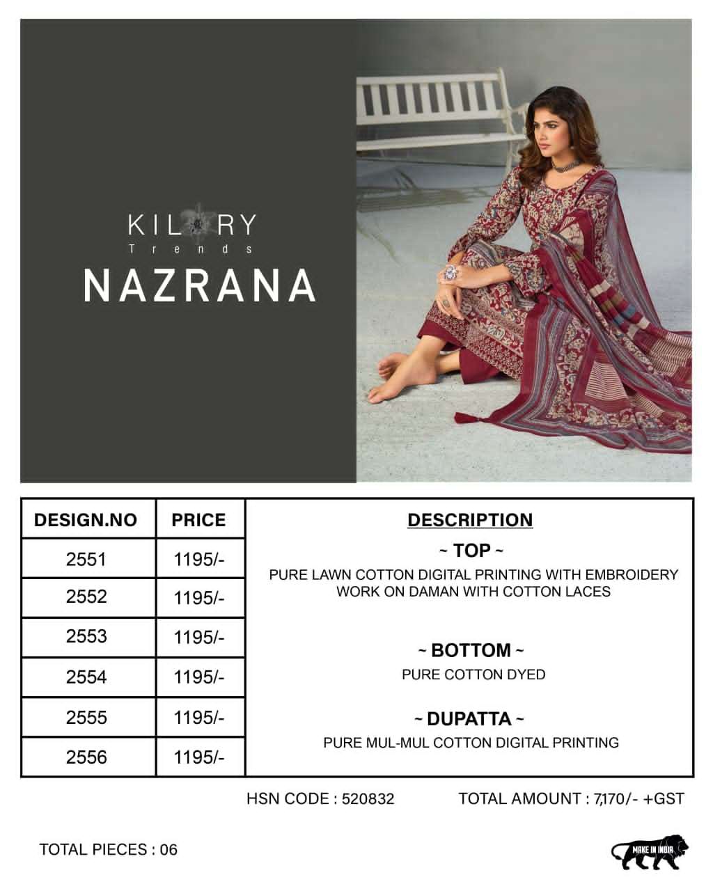 Kilory Nazrana Lawn Cotton Dress Material Wholesale - Amrah Wholesale