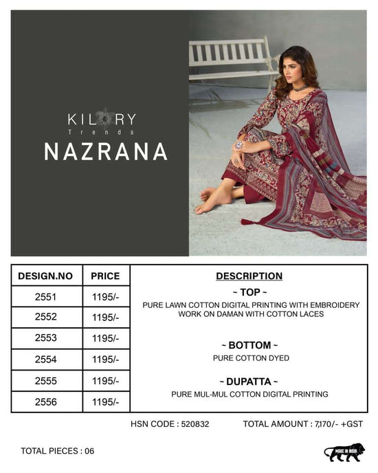 Kilory Nazrana Lawn Cotton Dress Material Wholesale - Amrah Wholesale