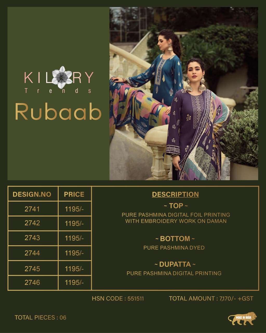 Kilory Rubaab Pure Pashmina Digital Foil Print Dress Material