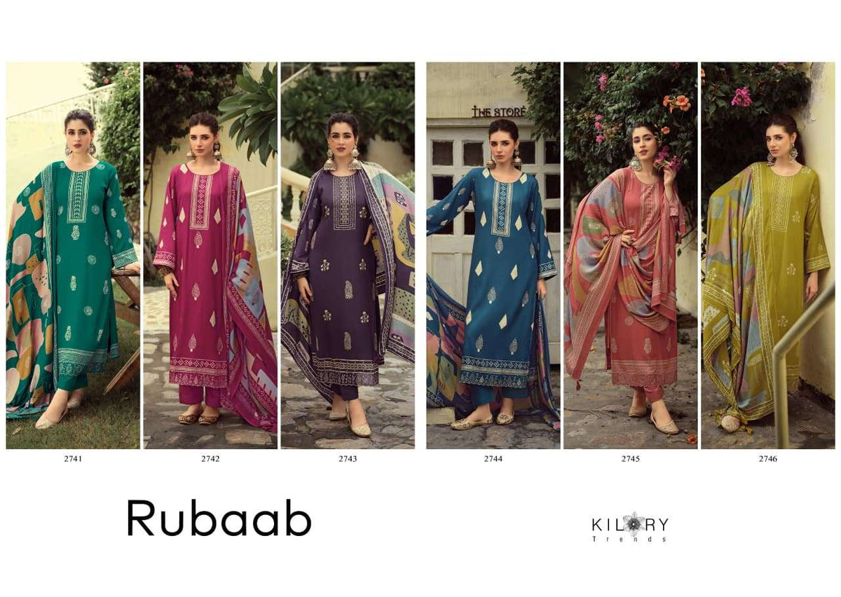 Kilory Rubaab Pure Pashmina Digital Foil Print Dress Material