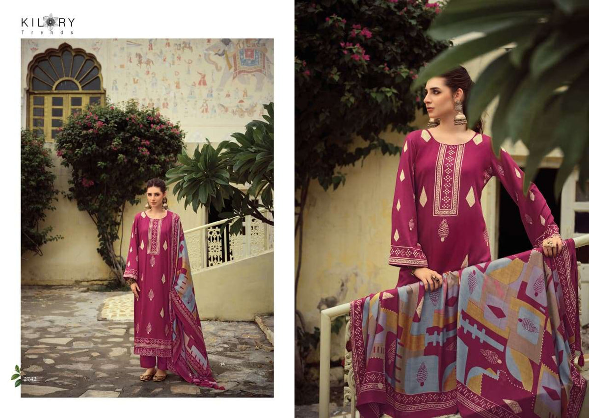 Kilory Rubaab Pure Pashmina Digital Foil Print Dress Material