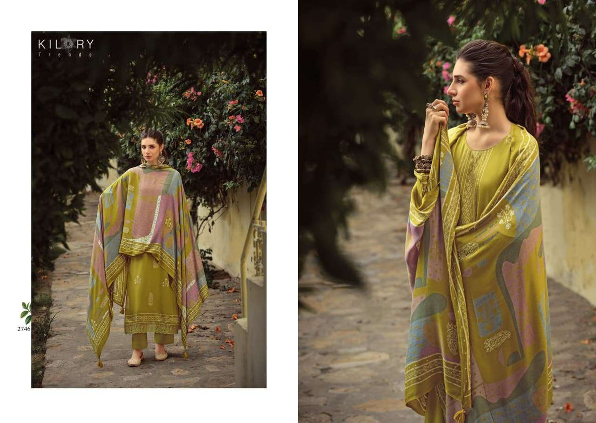 Kilory Rubaab Pure Pashmina Digital Foil Print Dress Material