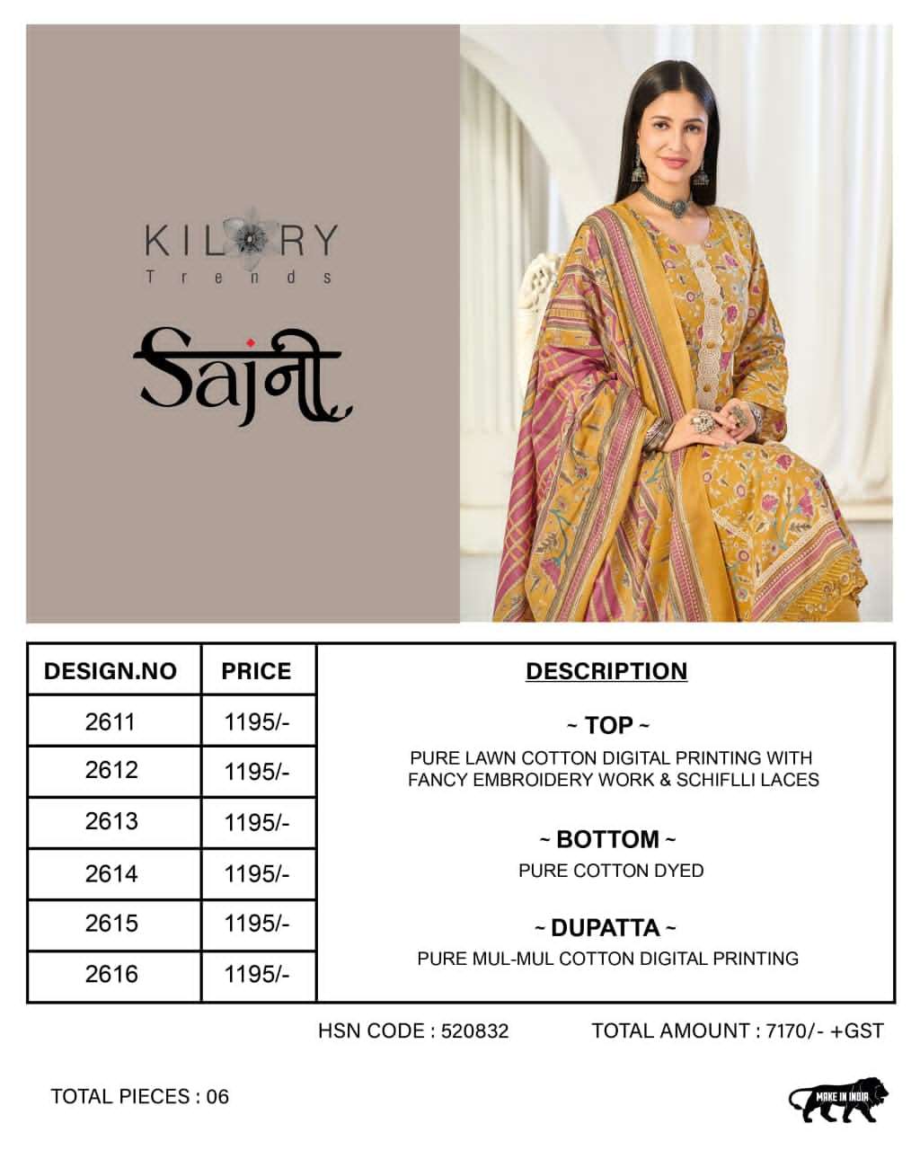 Kilory Sajni Pure Lawn Cotton Dress Material - Amrah Wholesale