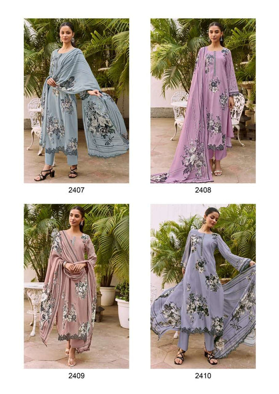 KIMORA SHAAM 2407–2410 Muslin Printed Semi Stitched Pakistani Suit Wholesale Collection - Amrah Wholesale