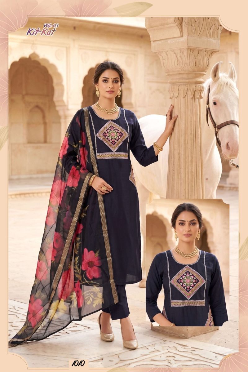 Kit Kat Vol 3 Roman Silk Straight Cut Embroidered Kurti Pant Dupatta Set