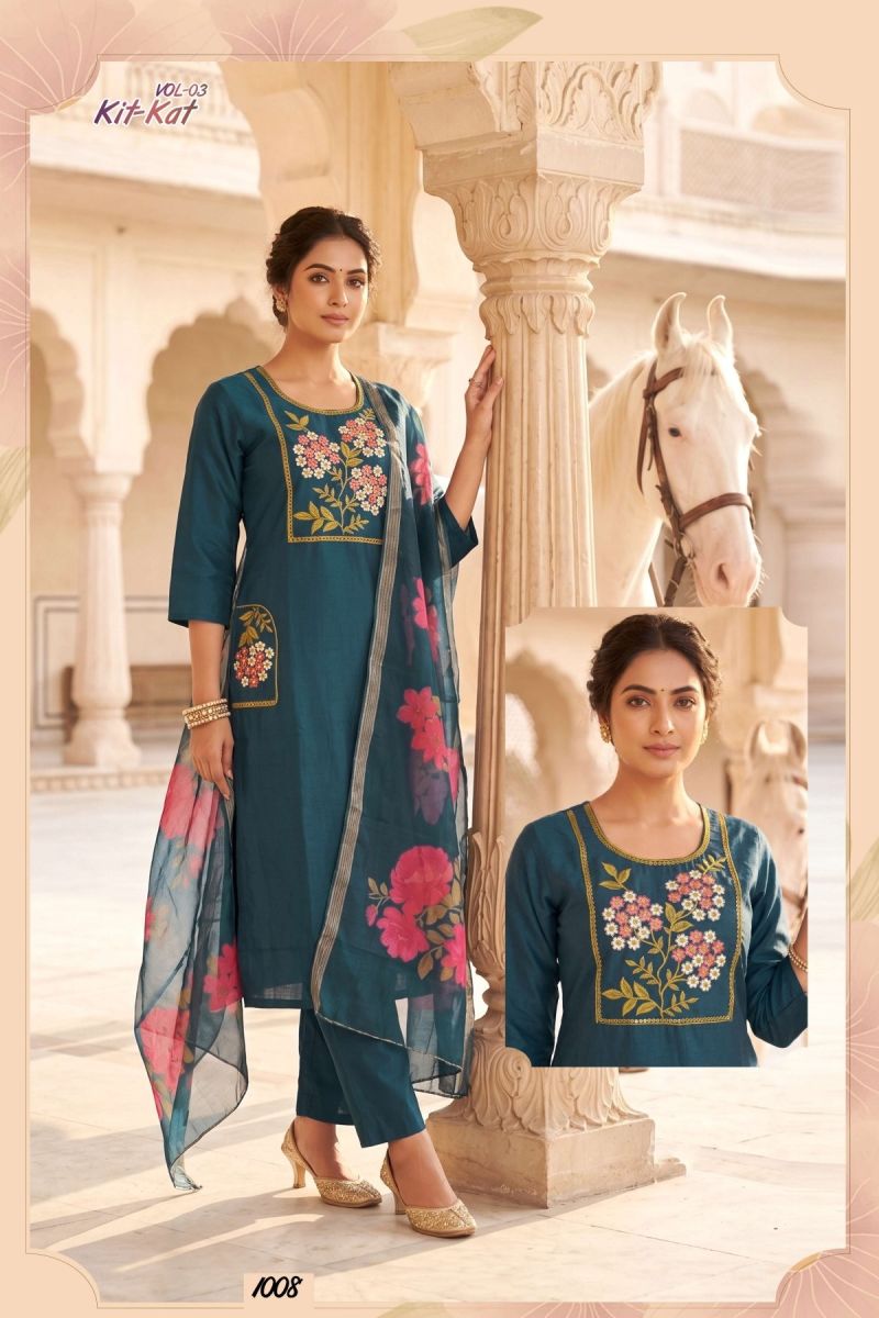 Kit Kat Vol 3 Roman Silk Straight Cut Embroidered Kurti Pant Dupatta Set
