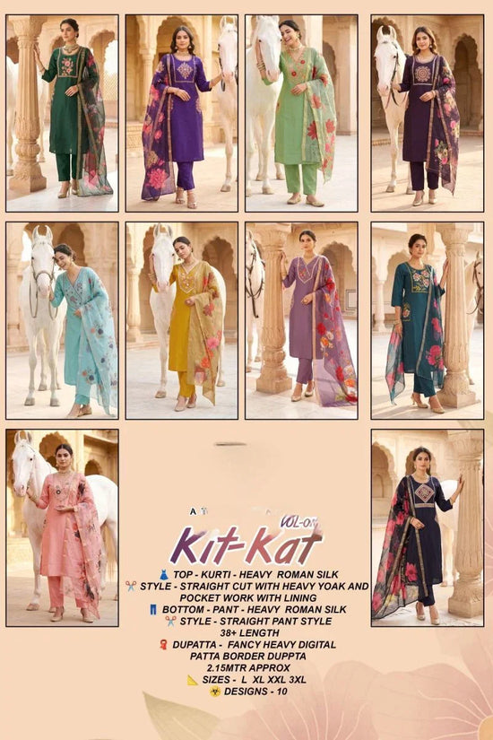 Kit Kat Vol 3 Roman Silk Straight Cut Embroidered Kurti Pant Dupatta Set
