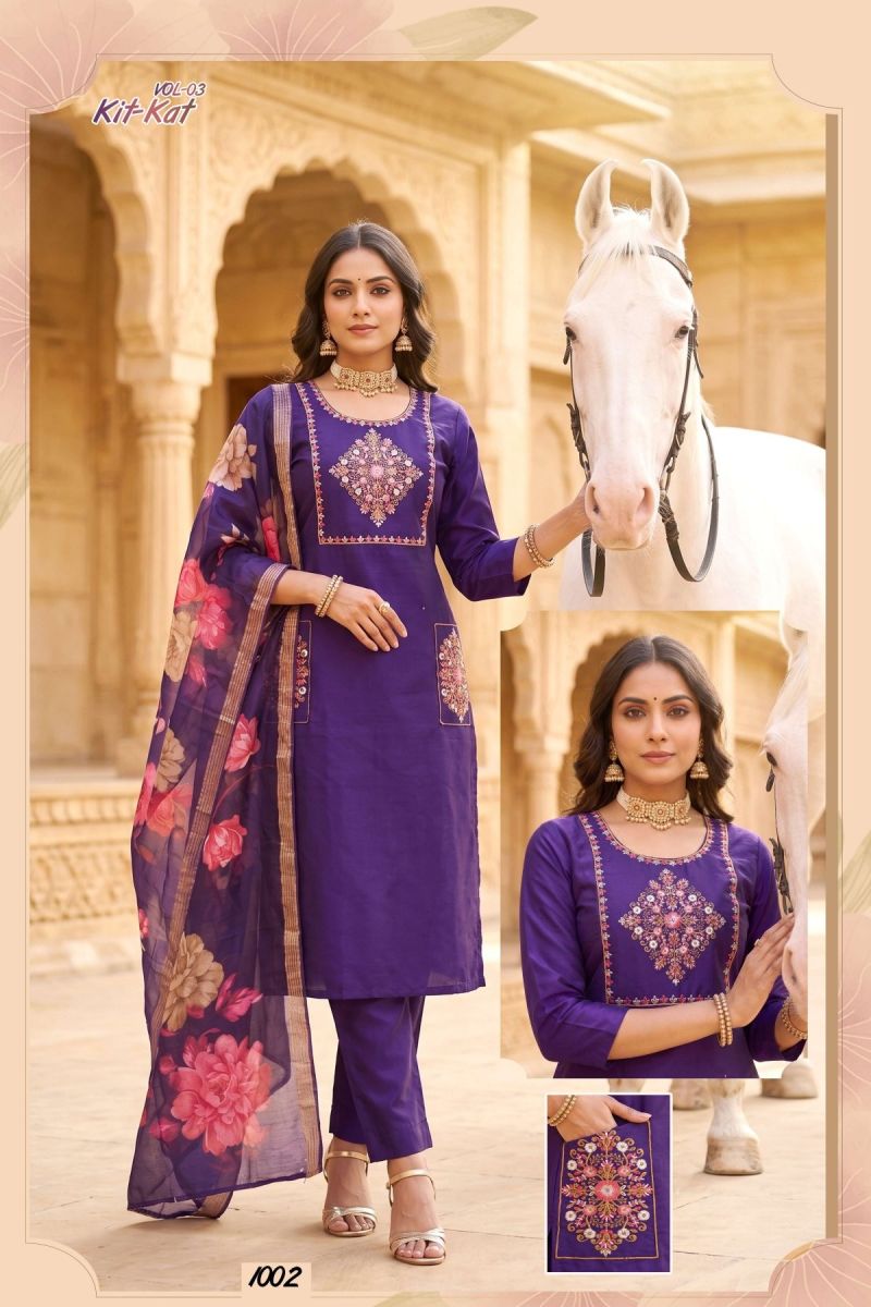 Kit Kat Vol 3 Roman Silk Straight Cut Embroidered Kurti Pant Dupatta Set