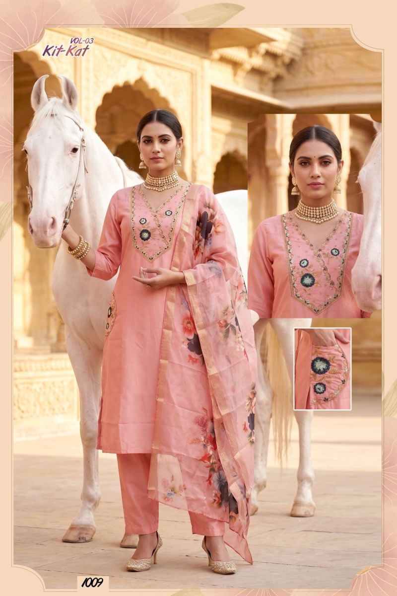 Kit Kat Vol 3 Roman Silk Straight Cut Embroidered Kurti Pant Dupatta Set