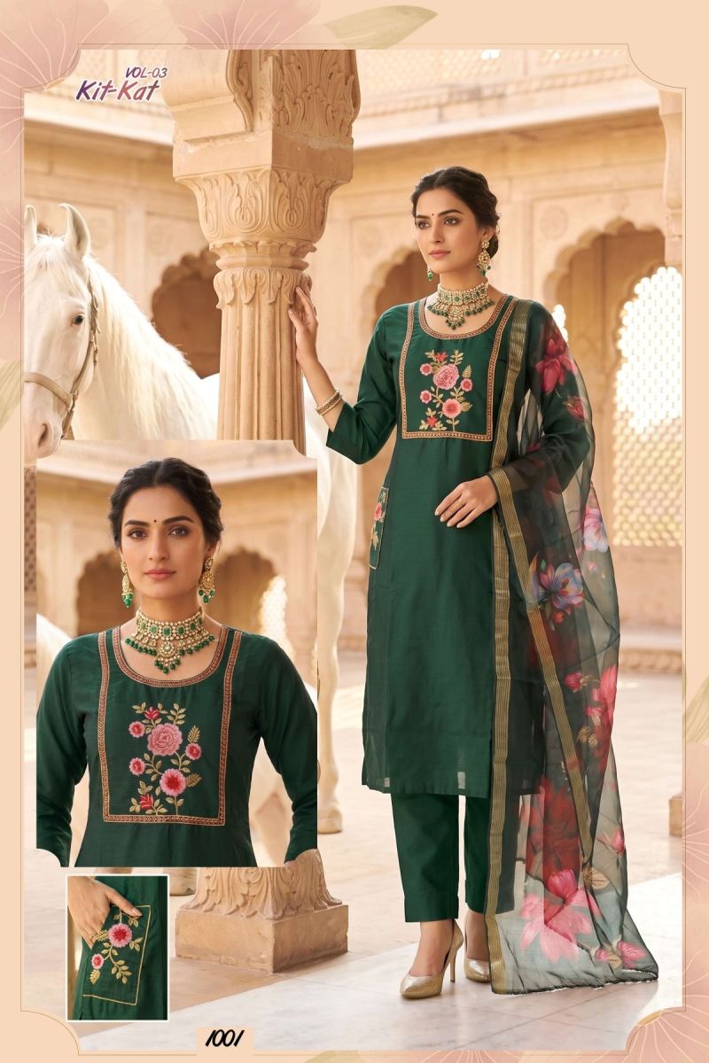 Kit Kat Vol 3 Roman Silk Straight Cut Embroidered Kurti Pant Dupatta Set