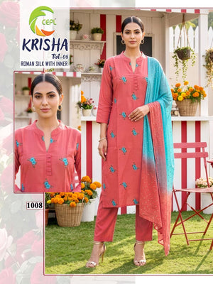 Krisha Vol 5 Roman Silk Embroidered Kurti Pant Dupatta Set - Amrah Wholesale