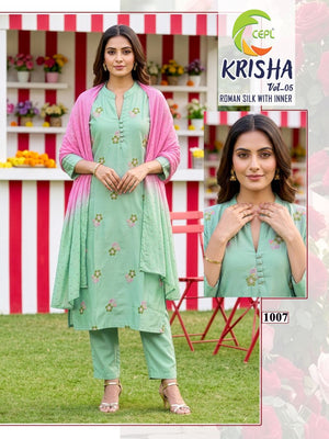 Krisha Vol 5 Roman Silk Embroidered Kurti Pant Dupatta Set - Amrah Wholesale