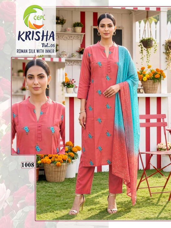 Krisha Vol 5 Roman Silk Embroidered Kurti Pant Dupatta Set