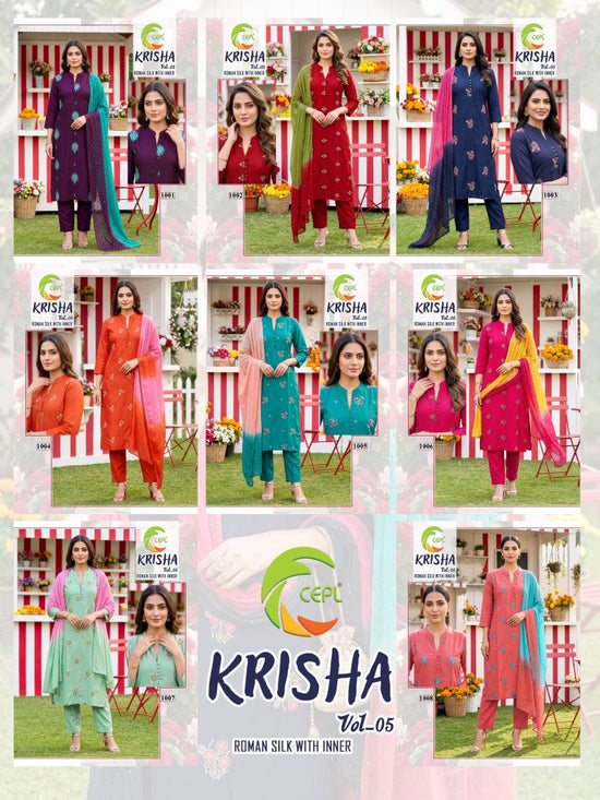 Krisha Vol 5 Roman Silk Embroidered Kurti Pant Dupatta Set