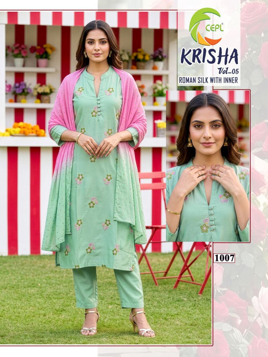 Krisha Vol 5 Roman Silk Embroidered Kurti Pant Dupatta Set