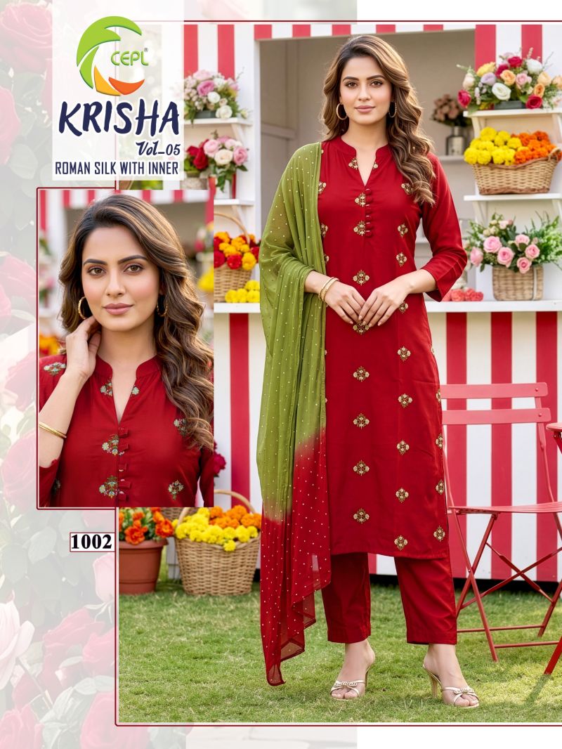 Krisha Vol 5 Roman Silk Embroidered Kurti Pant Dupatta Set