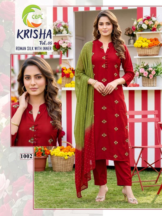 Krisha Vol 5 Roman Silk Embroidered Kurti Pant Dupatta Set