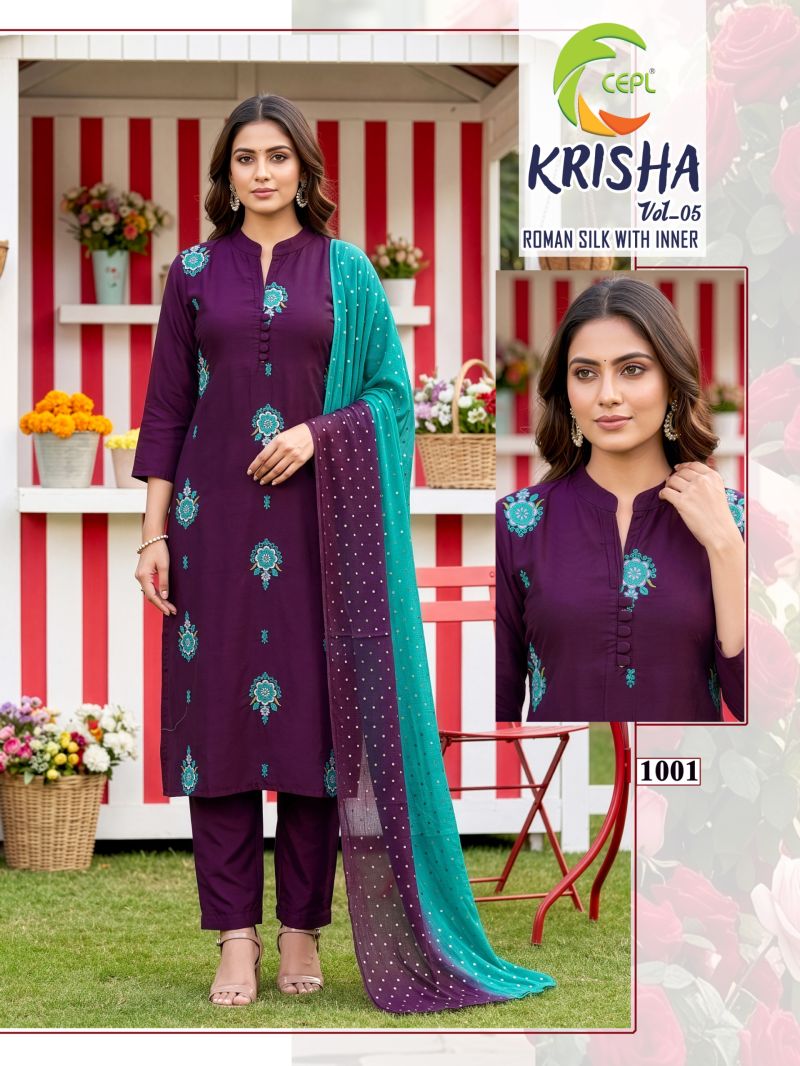 Krisha Vol 5 Roman Silk Embroidered Kurti Pant Dupatta Set