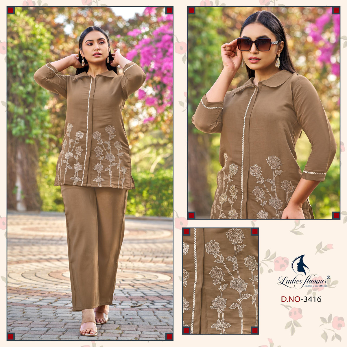 Ladies Flavour 3414 To 3416 Mul Chanderi Embroidered Co Ord Set