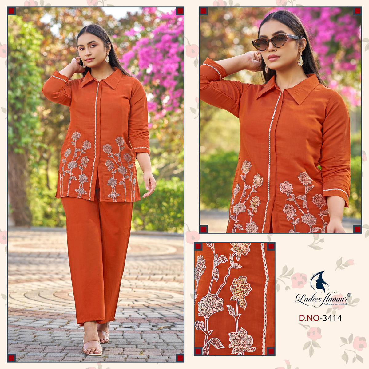 Ladies Flavour 3414 To 3416 Mul Chanderi Embroidered Co Ord Set