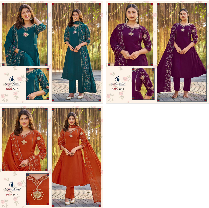 Ladies Flavour 3417 To 3419 Mul Chanderi Kurti Pant Dupatta Set