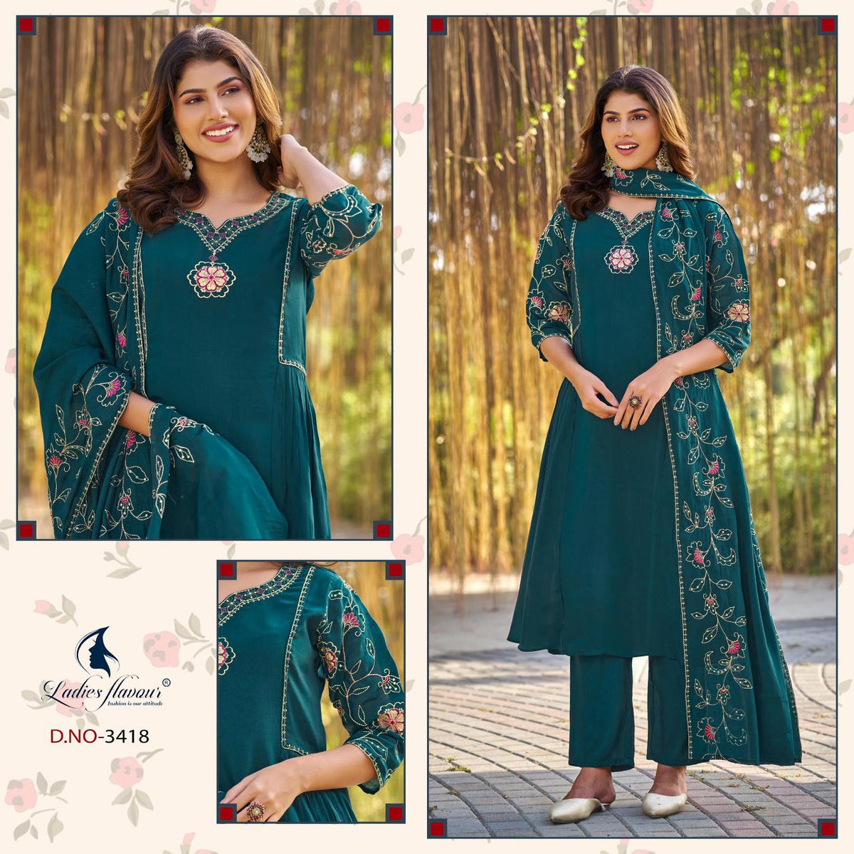 Ladies Flavour 3417 To 3419 Mul Chanderi Kurti Pant Dupatta Set