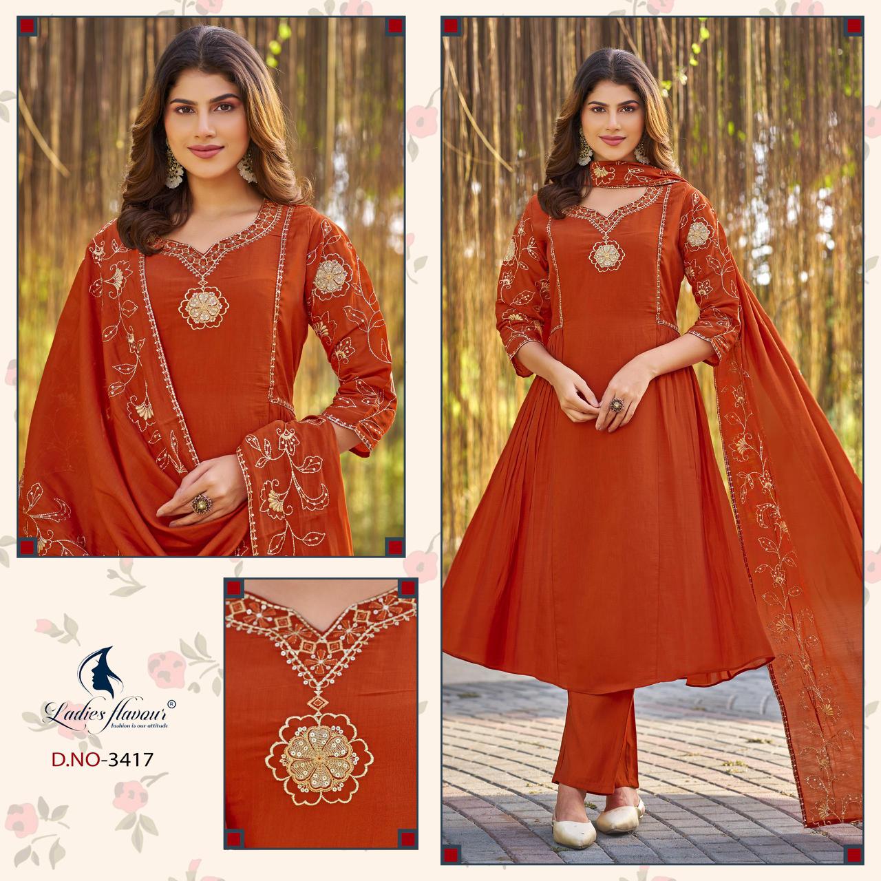 Ladies Flavour 3417 To 3419 Mul Chanderi Kurti Pant Dupatta Set