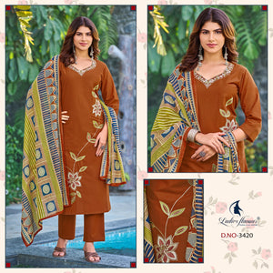 Ladies Flavour 3420 To 3423 Cotton Embroidered Kurti Pant Dupatta Set