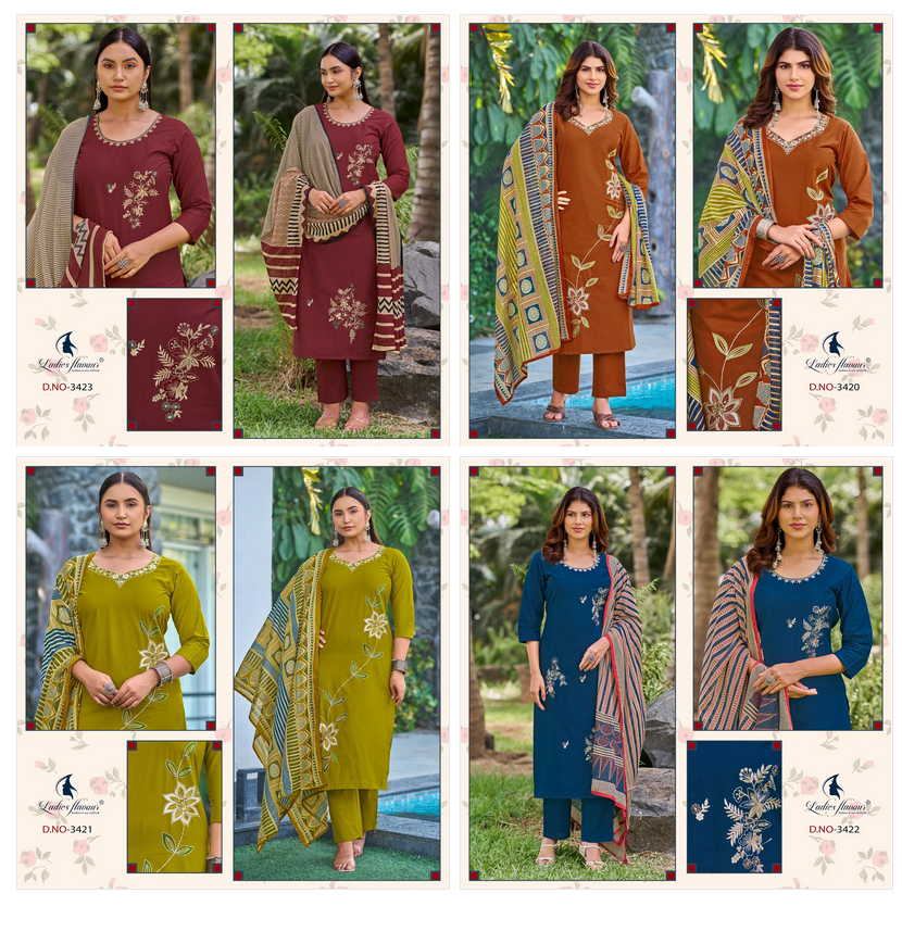Ladies Flavour 3420 To 3423 Cotton Embroidered Kurti Pant Dupatta Set