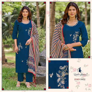 Ladies Flavour 3420 To 3423 Cotton Embroidered Kurti Pant Dupatta Set