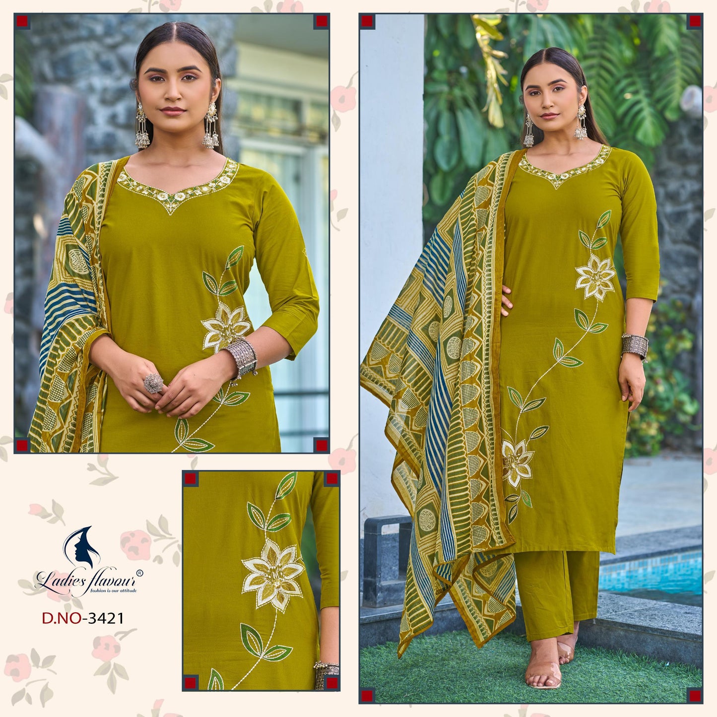 Ladies Flavour 3420 To 3423 Cotton Embroidered Kurti Pant Dupatta Set