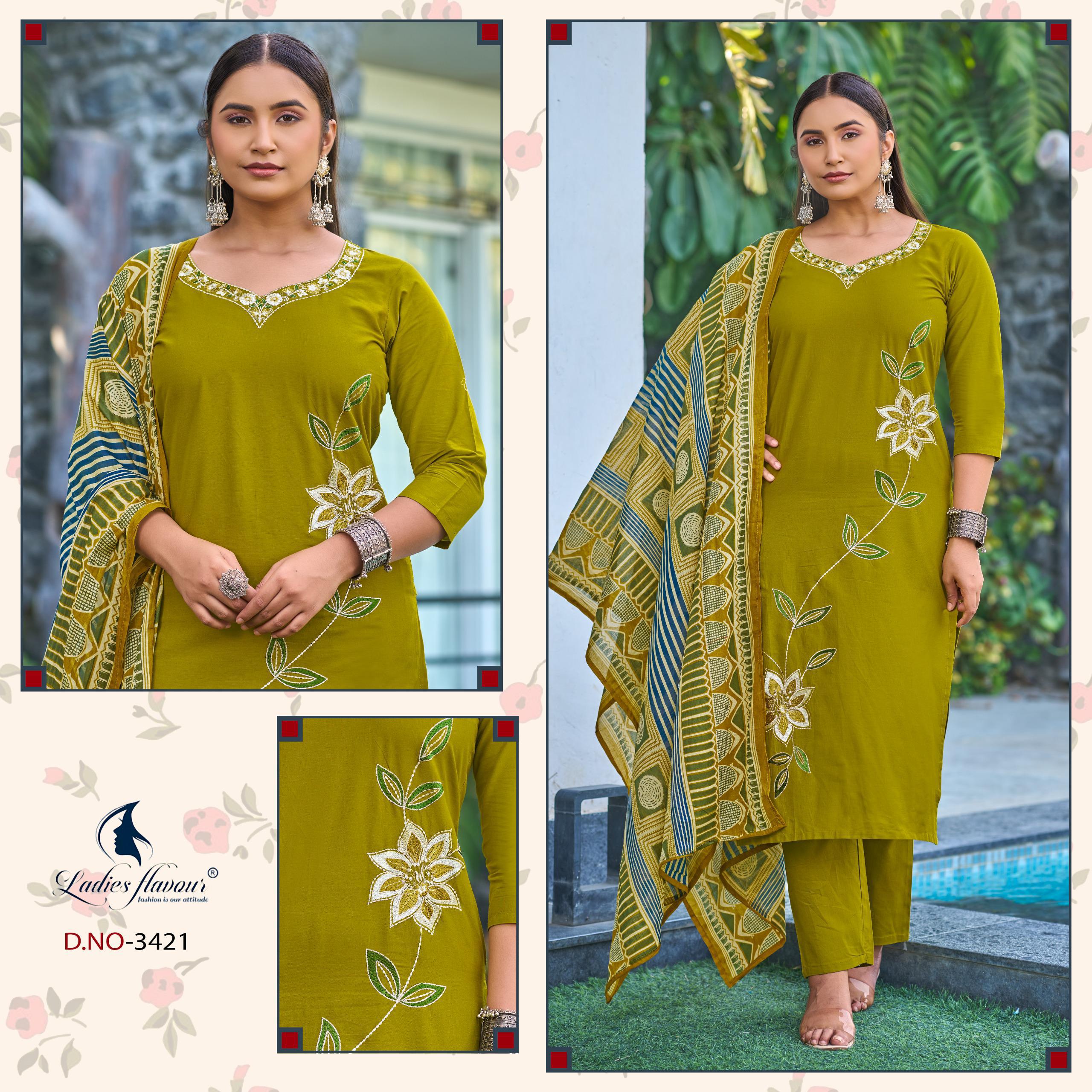 Ladies Flavour 3420 To 3423 Cotton Embroidered Kurti Pant Dupatta Set