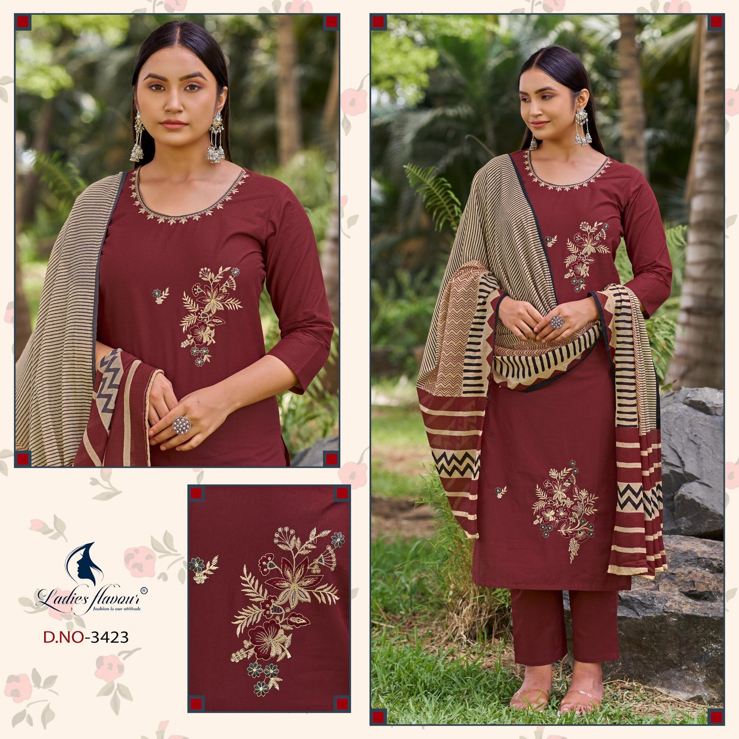 Ladies Flavour 3420 To 3423 Cotton Embroidered Kurti Pant Dupatta Set