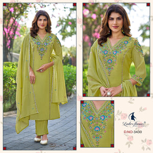Ladies Flavour 3430 And 3431 Mul Chanderi Embroidered Kurti Pant Dupatta Set