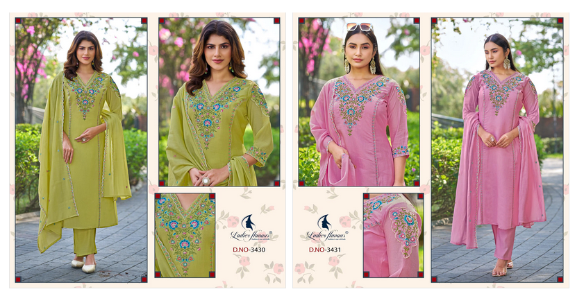 Ladies Flavour 3430 And 3431 Mul Chanderi Embroidered Kurti Pant Dupatta Set