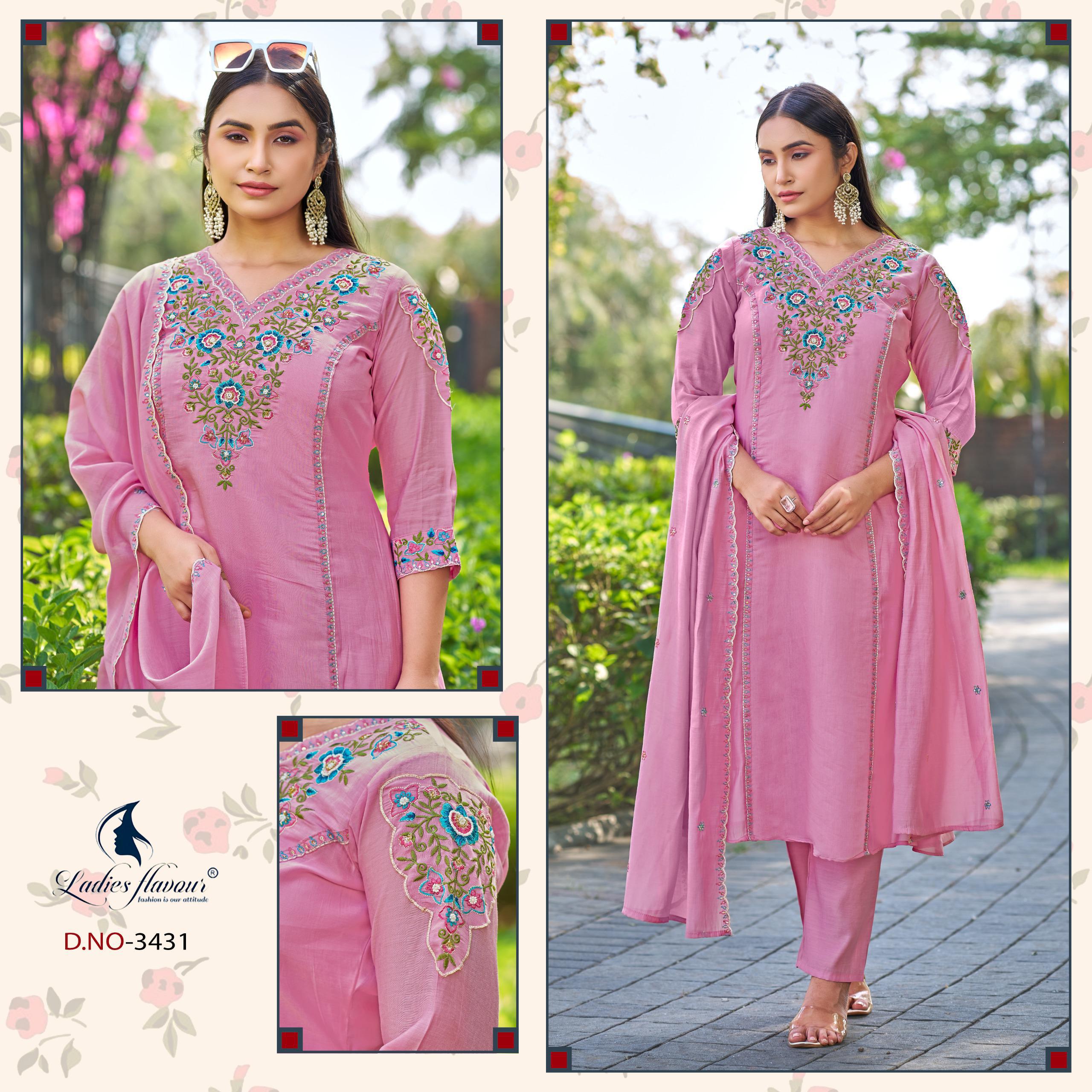 Ladies Flavour 3430 And 3431 Mul Chanderi Embroidered Kurti Pant Dupatta Set