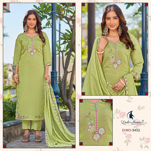 Ladies Flavour 3432 To 3434 Mul Chanderi Embroidered Kurti Pant Dupatta Set
