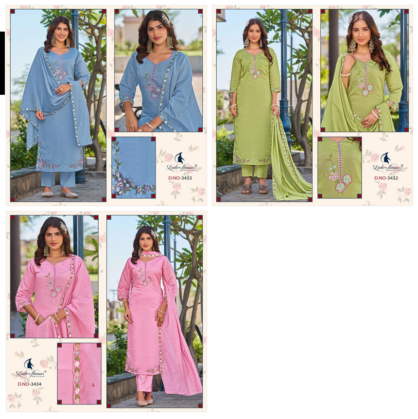 Ladies Flavour 3432 To 3434 Mul Chanderi Embroidered Kurti Pant Dupatta Set