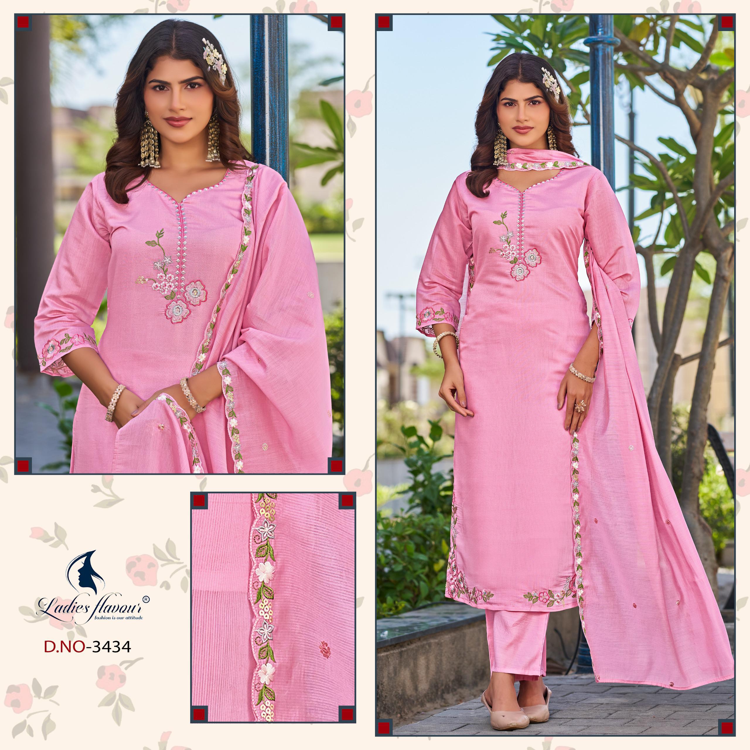Ladies Flavour 3432 To 3434 Mul Chanderi Embroidered Kurti Pant Dupatta Set