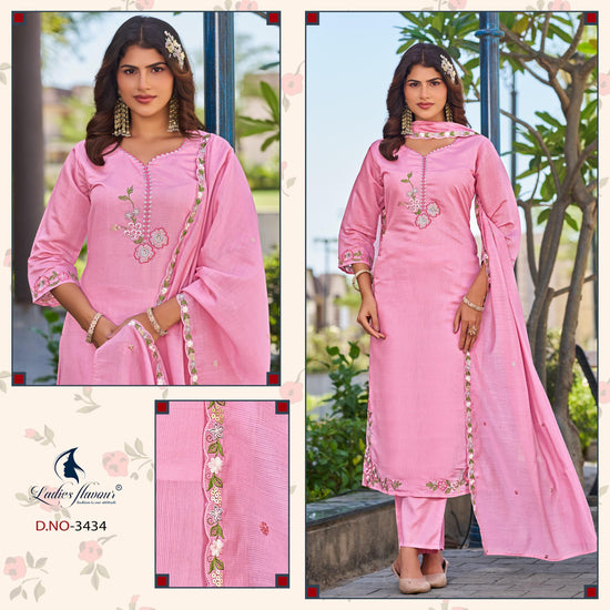 Ladies Flavour 3432 To 3434 Mul Chanderi Embroidered Kurti Pant Dupatta Set