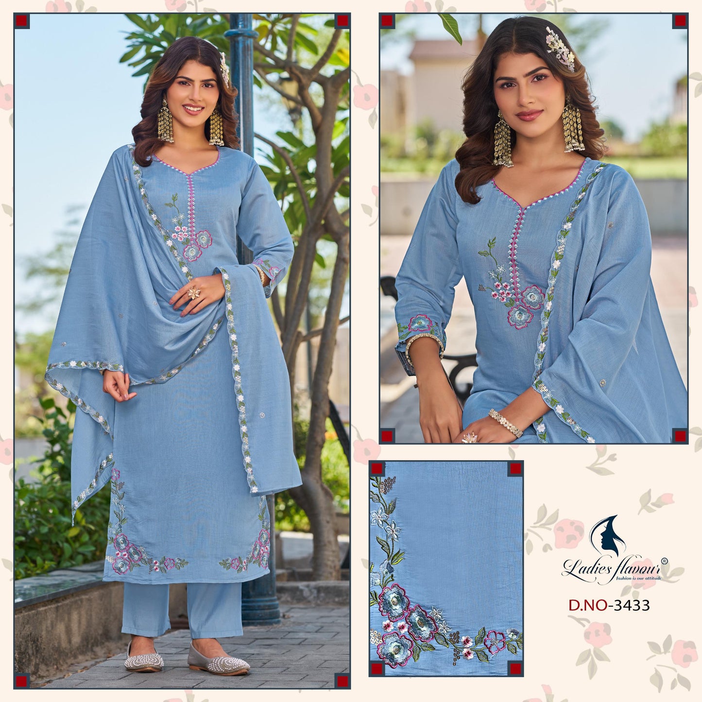 Ladies Flavour 3432 To 3434 Mul Chanderi Embroidered Kurti Pant Dupatta Set