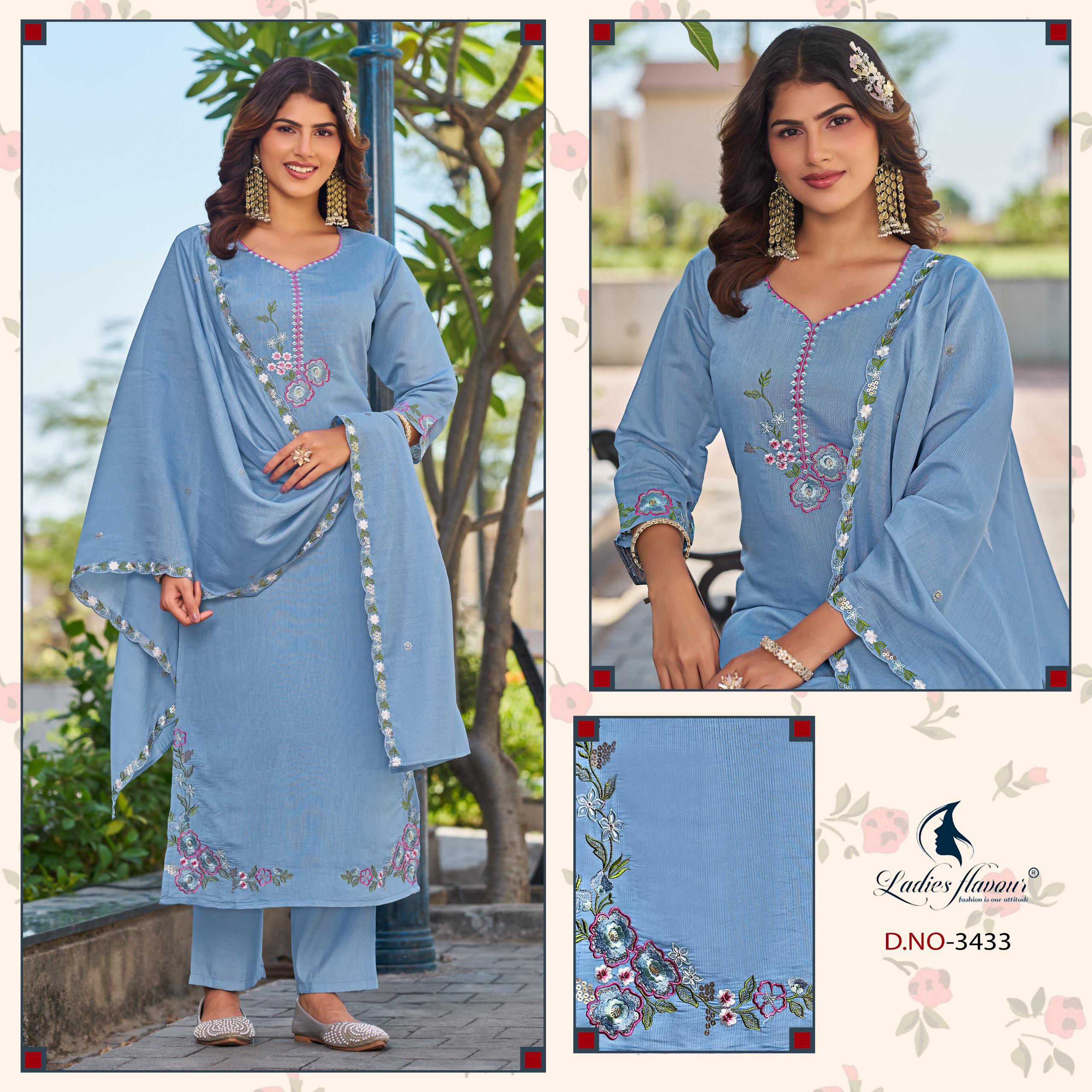 Ladies Flavour 3432 To 3434 Mul Chanderi Embroidered Kurti Pant Dupatta Set