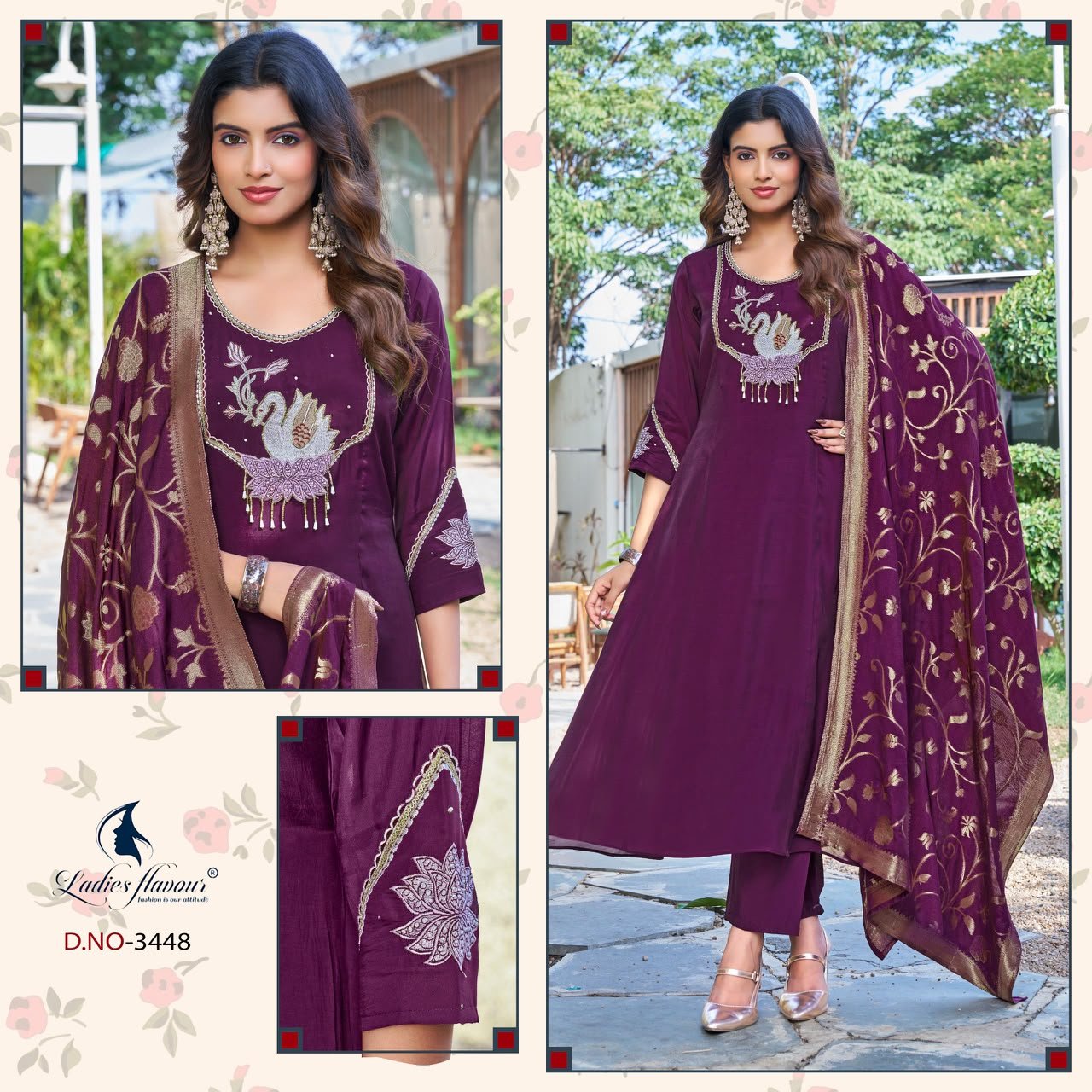 Ladies Flavour 3446 To 3348 Mul Chanderi Embroidered Kurti Pant Dupatta Set - Amrah Wholesale