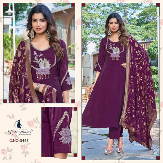 Ladies Flavour 3446 To 3348 Mul Chanderi Embroidered Kurti Pant Dupatta Set - Amrah Wholesale