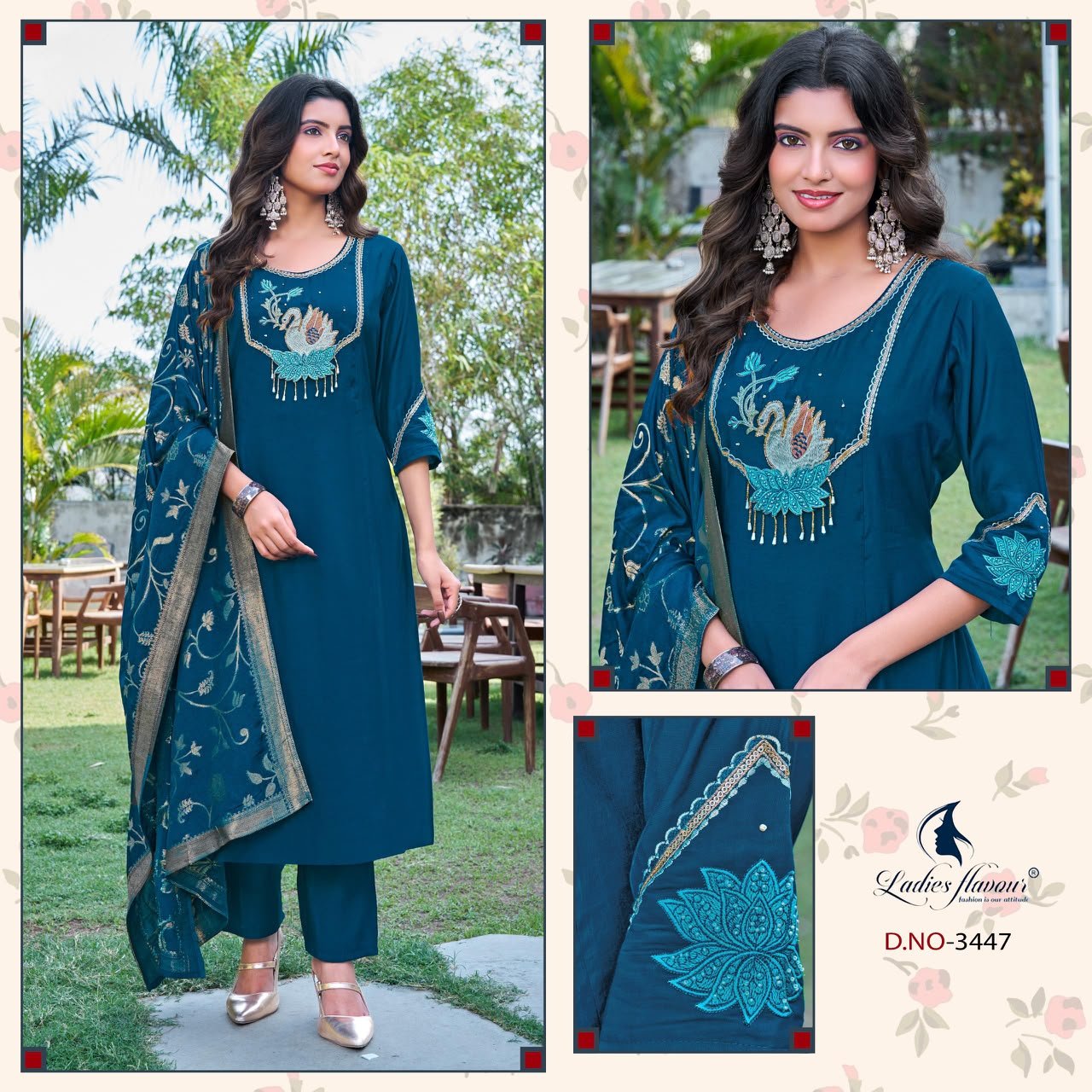 Ladies Flavour 3446 To 3348 Mul Chanderi Embroidered Kurti Pant Dupatta Set - Amrah Wholesale