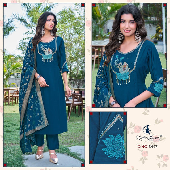 Ladies Flavour 3446 To 3348 Mul Chanderi Embroidered Kurti Pant Dupatta Set - Amrah Wholesale