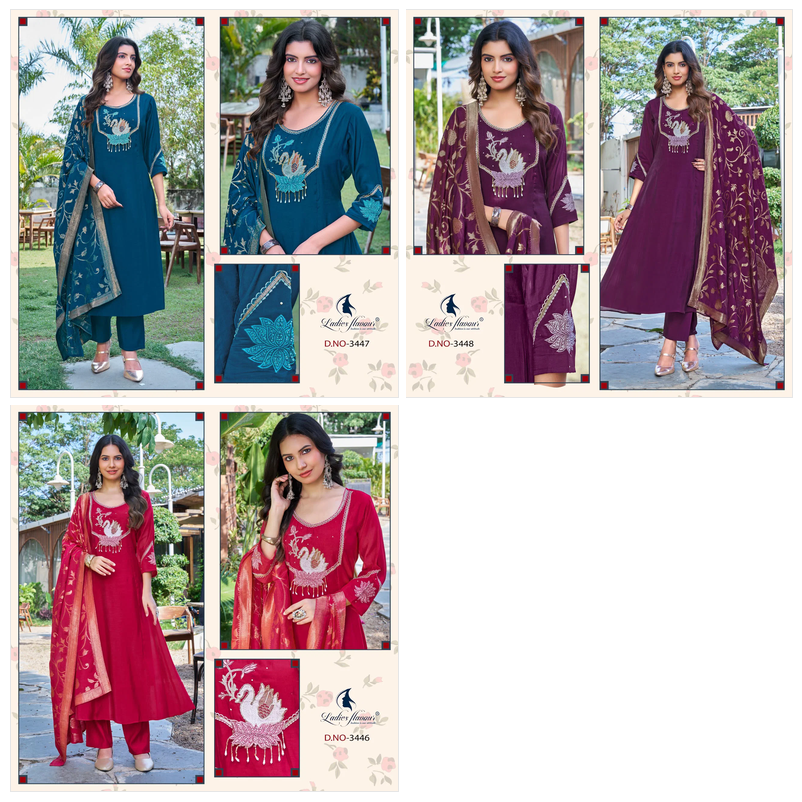 Ladies Flavour 3446 To 3348 Mul Chanderi Embroidered Kurti Pant Dupatta Set - Amrah Wholesale